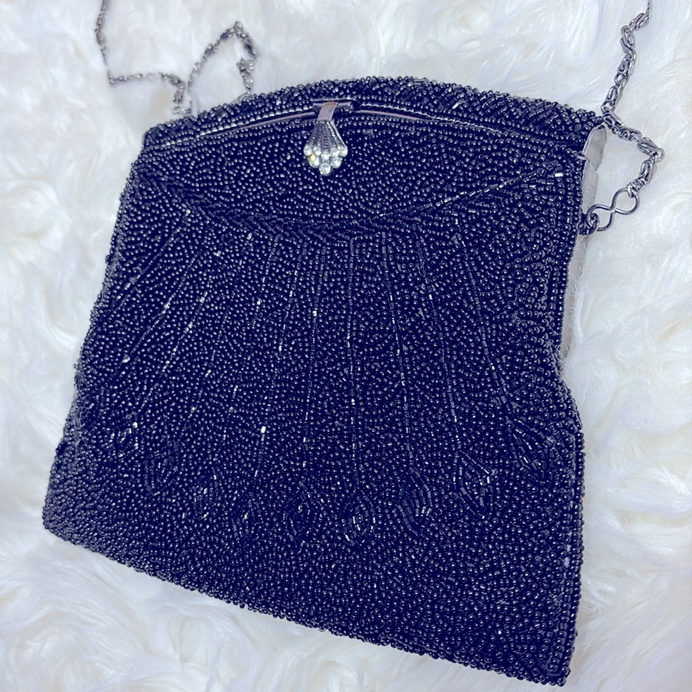 Carlo Fellini Stunning Black Beaded Metal Strap Silverstone Clasp Evening Bag !!
